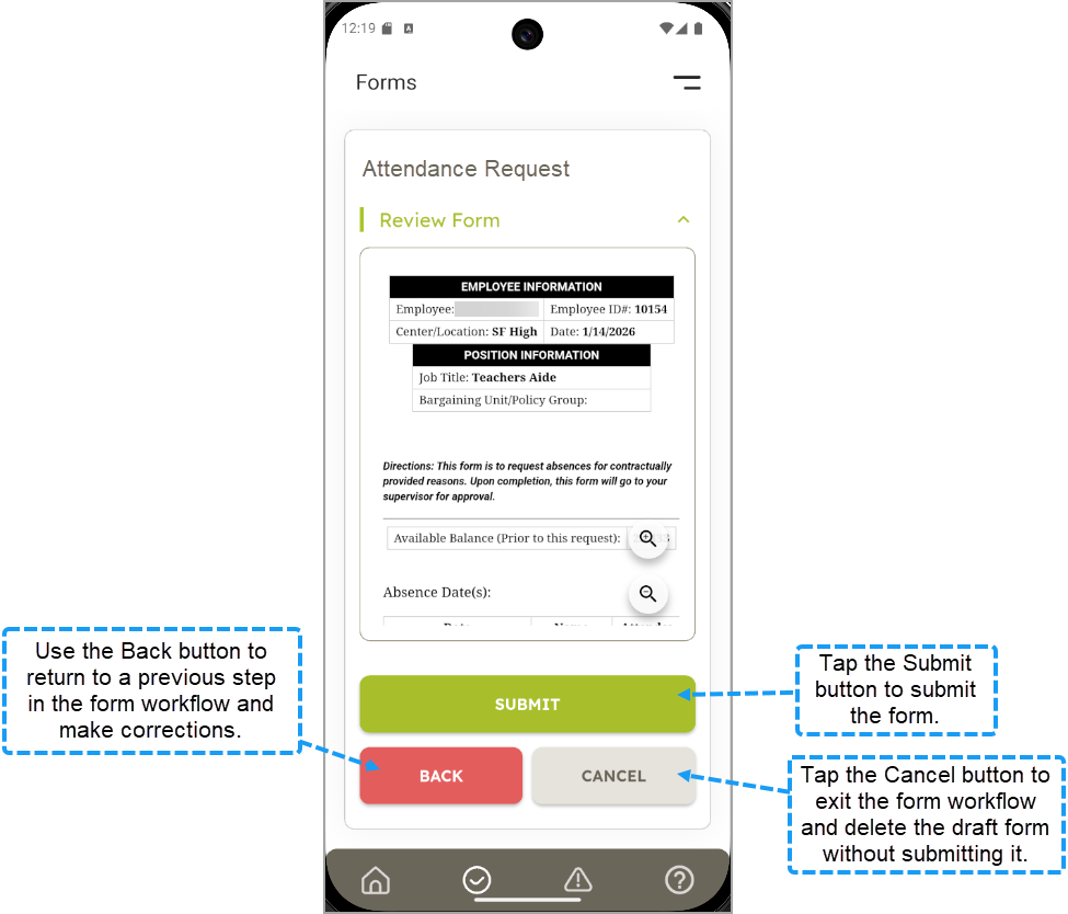 form approval submit, back, and cancel buttons