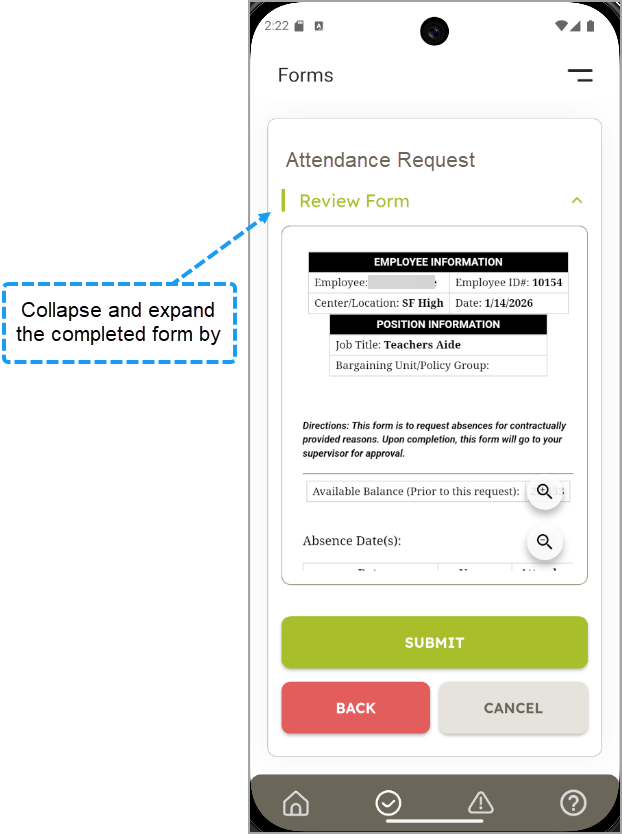 screen control used to expand and collapse sections of the form